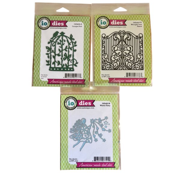 IO Stamps Metal Die Set Of 3 Uncaged Bird Wrought Iron Fence & Winter Fairy - Picture 1 of 10